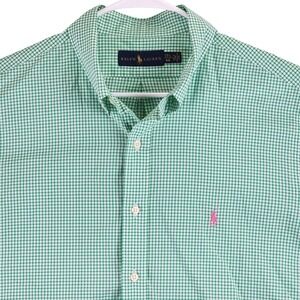 Ralph Lauren Gingham Check Button Down Shirt Mens 17.5 Green Pink Pony Preppy